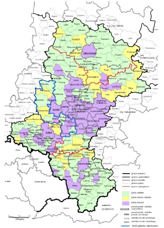 Rysunek 2-4 Położenie strefy gliwicko-mikołowskiej na tle województwa