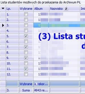 Sekcja (3) Lista studentów, których można dopisać do spisu prezentuje teczki studenta, których albumy są zakończone (Absolwenci, Przeniesienia Zewnętrzne, Skreślenia, ).