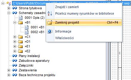 Zamknięcie projektu przykładowego Aby zamknąć projekt, należy wskazać nazwę projektu i wybrać z menu kontekstowego polecenie Zamknij projekt.