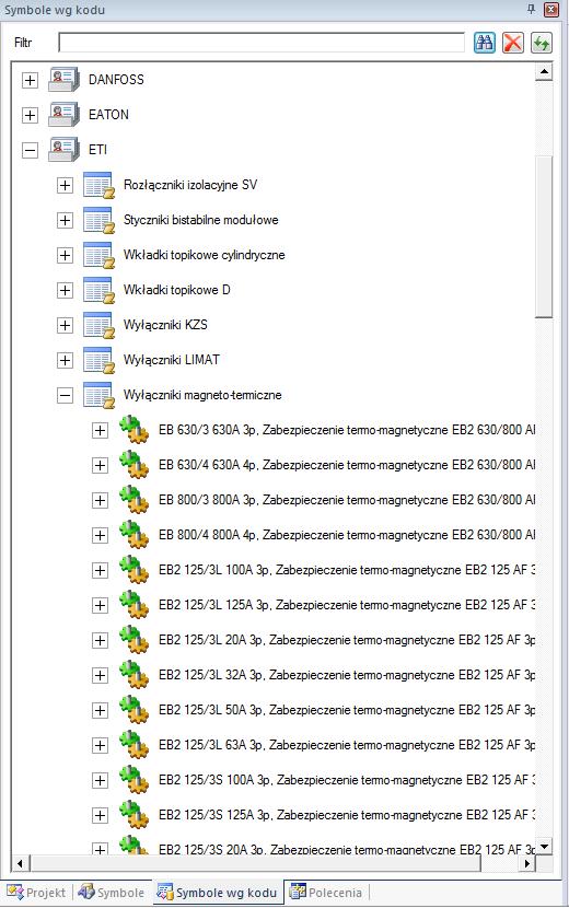 Wstawianie aparatu wykorzystując Eksplorator Symboli wg kodu. 1.> Znajdź bibliotekę symboli producenta ETI 2.> Rozwiń klasę Wyłączniki magneto-termiczne. 3.> Wybierz aparat EB2 125/3S 20A 3p 4.