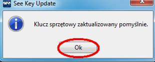 Jeżeli wszystko zostało poprawnie zrobione pojawi się komunikat o pomyślnym zaktualizowaniu klucza sprzętowego USB.