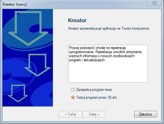 Klient, który nie zakupił jeszcze programu, powinien wybrać opcję Testuj program przez 30 dni.