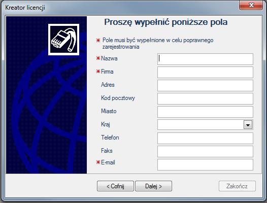 Następnie, w oknie Kreatora licencji należy podać dane firmy i przejść do następnego etapu przyciskiem Dalej.