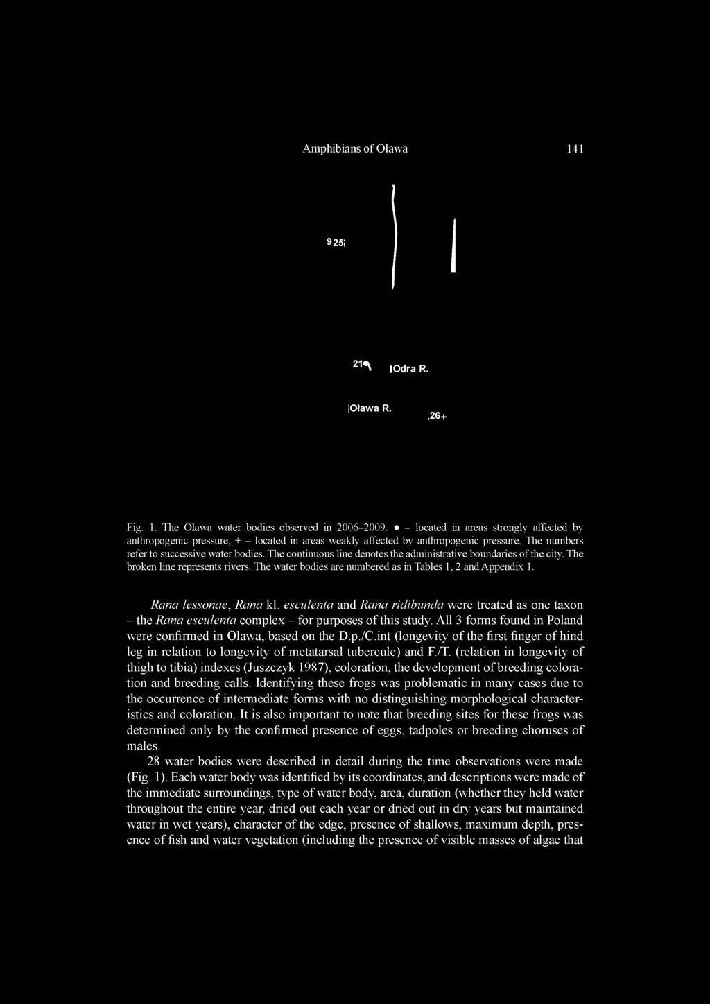 The continuous line denotes the administrative boundaries of the city. The broken line represents rivers. The water bodies are numbered as in Tables 1, 2 and Appendix 1. Rana lessonae, Rana kl.
