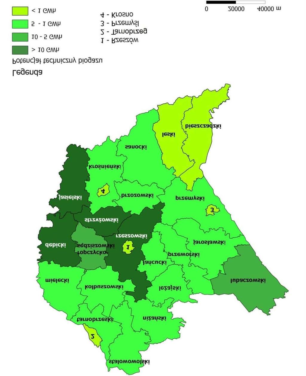 Potencjał techniczny produkcji biogazu rolniczego, w powiecie łańcuckim wynosi 5-1 GWh, co pokazuje niniejsza mapa.