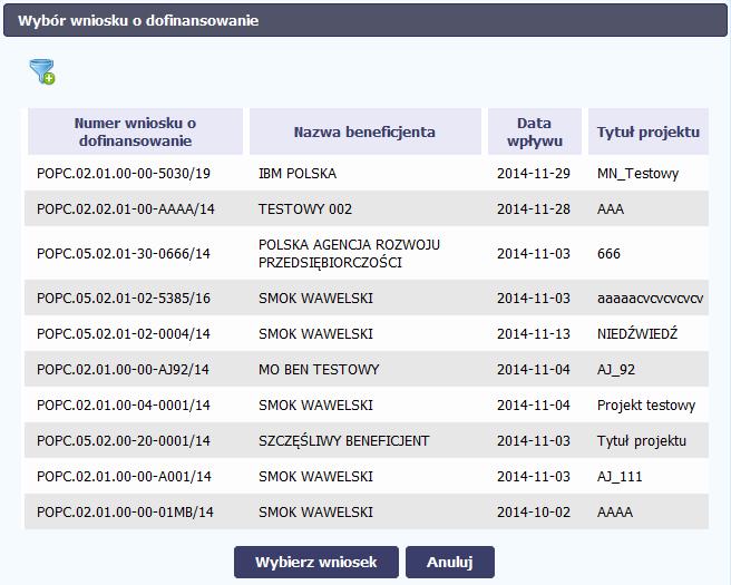 8 Okno to zawiera Listę wniosków o dofinansowanie, zarejestrowanych w systemie i posiadających status Zatwierdzony, dla których nie utworzono jeszcze w systemie karty Umowy/ decyzji o dofinansowaniu.