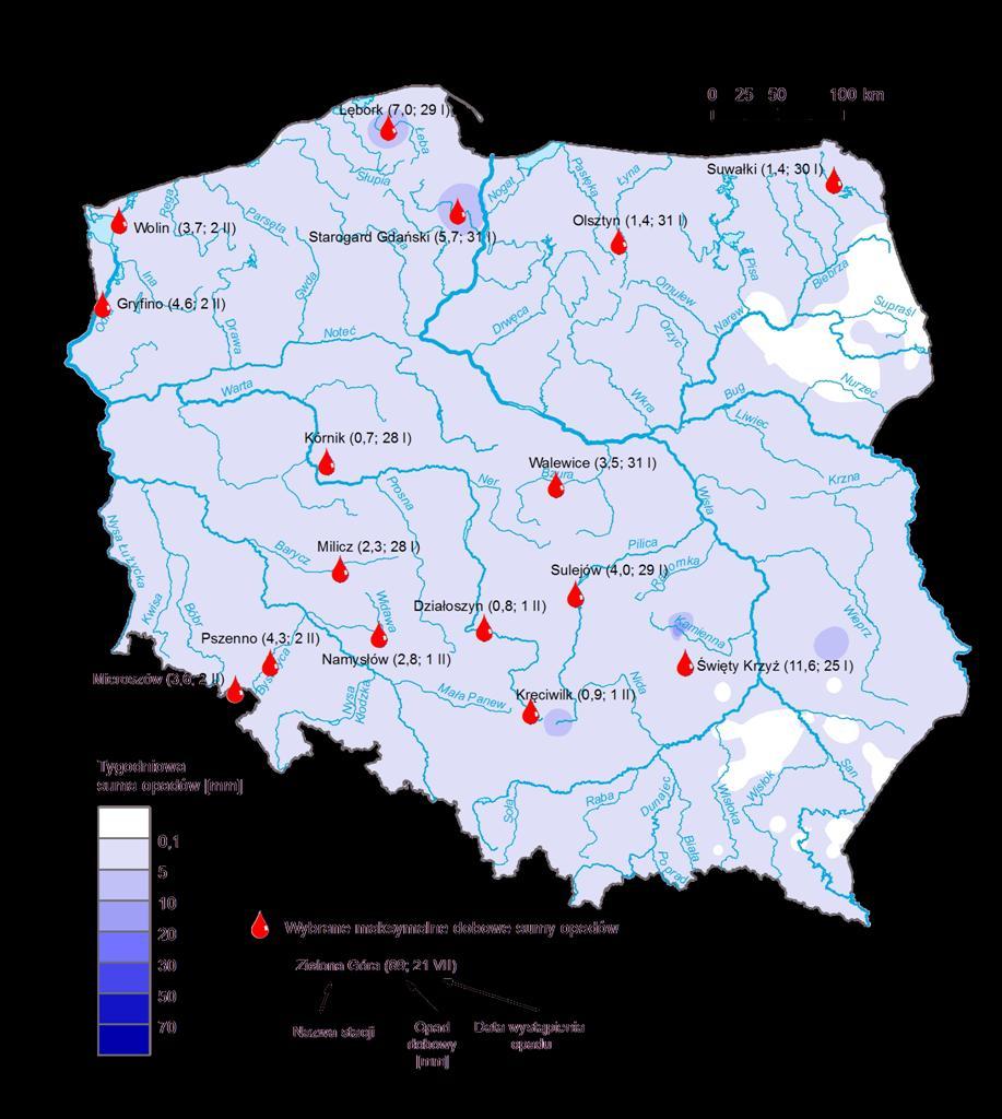 3. Rozkład tygodniowej sumy opadów oraz wybrane maksymalne