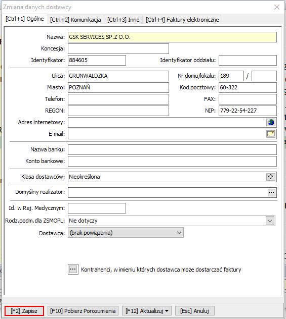 Na karcie dostawcy zostaną ustawione automatycznie