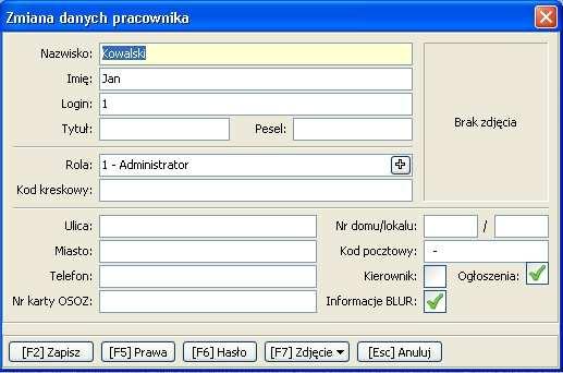 W oknie Zmiana danych pracownika wybieramy przycisk [F5] Prawa (rys. 3). Rys. 3. Zmiana danych pracownika. Następnie w oknie Uprawnienia naleŝy skorzystać z przycisku [F7] Szukaj.