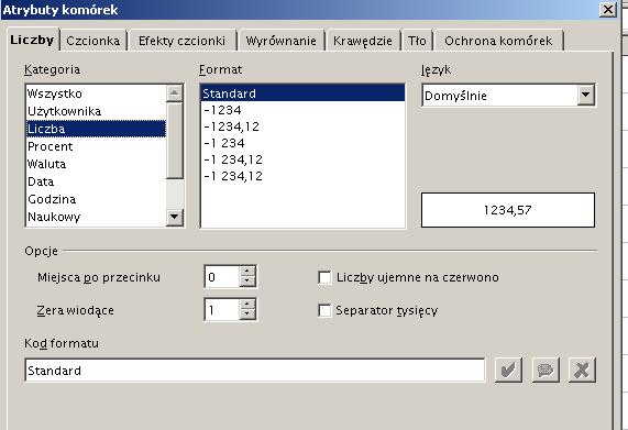 Pojawa s wtedy okno zatytułowane Atrybuty komórek, a w nm wdoczne s zakładk zatytułowane : Lczby, Czconka, Efekty czconk, Wyrównane, Kraw dze, Tło Ochrona komórek. Lczby. Mo na tu wybra kategor warto c lczbowej mo e to by np.