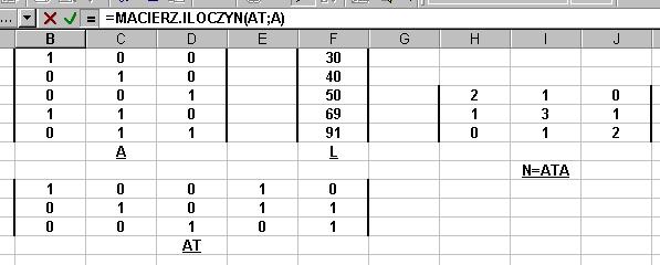 Przykładowy układ równa : x + 0 y + 0z 30 0x + y + 0z 40 0x + 0 y + z 50 x + y + 0z 0x + y + z 69 9 Do arkusza wpsujemy współczynnk stoj ce przy newadomych (B2:D6) oraz wyrazy wolne równa z przecwnym
