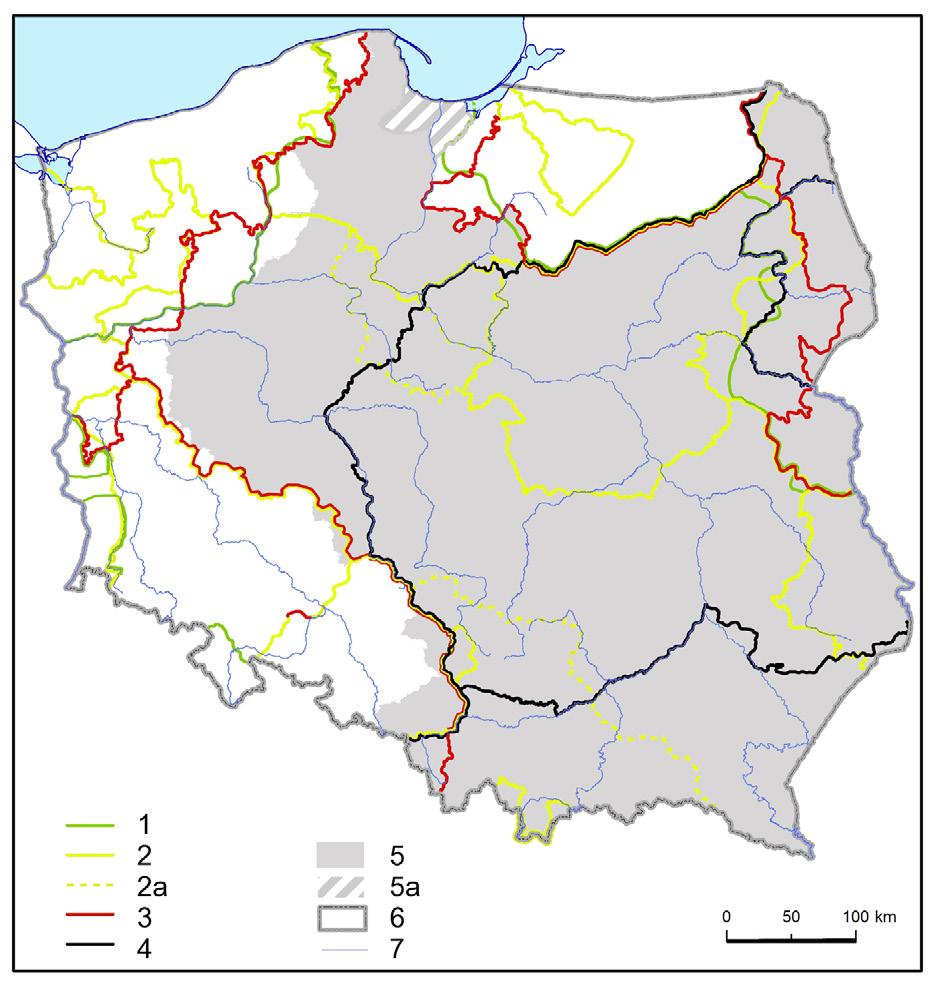 105 Ryc. 14. Rozmieszczenie w Polsce głównych historycznych granic politycznych. 1 granice w X XII w.; 2 granice państwa 1368 r.; 2a granic wybranych dzielnic w 1368r.; 3 granice w 1580 r.