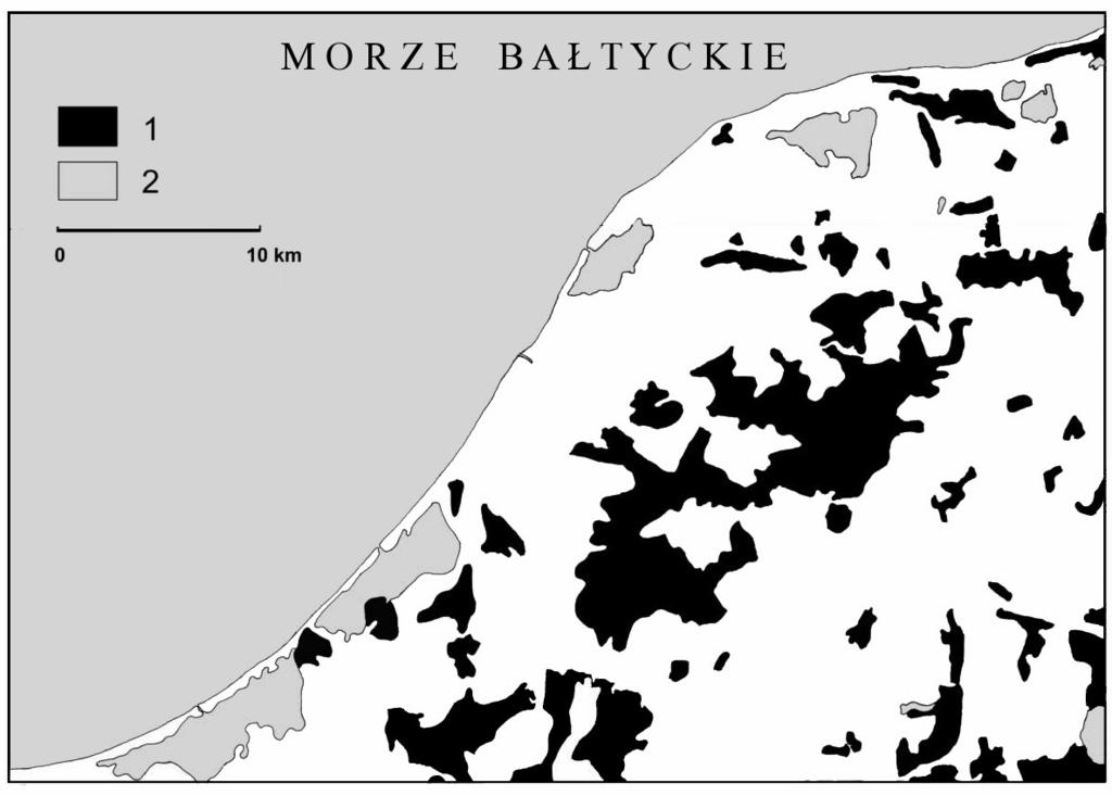 127 Ryc. 22. Zasięg lasów na Ziemi Sławieńskiej w 1838 r. 1 lasy; 2 wody (Plit 2009a) Fig. 22. The extent of forests in Sławieńska Land region in 1838.
