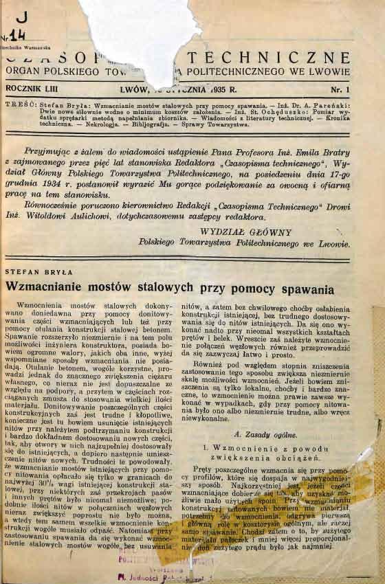 M litecluiika Worszauska ^ z-* i-i Ö O JT '.*,._, ORGAN POLSKIEGO TOv, I T E C H N I C Z N E h POLITECHNICZNEGO WE LWOWIE ROCZNIK LIII LWÓW, «r.oznia i935 R. Nr.