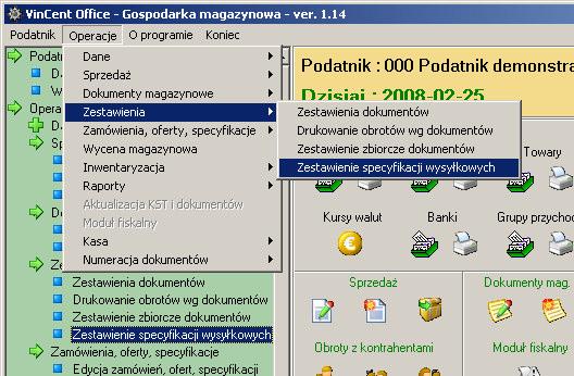 VinCent moduł GM 15.4 Zestawienie specyfikacji wysyłkowych.
