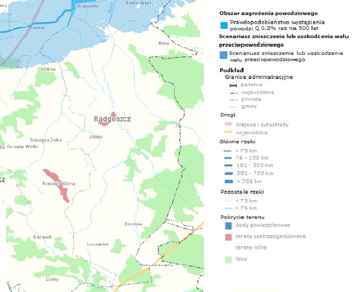 Mapa 4 Obszar zagrożenia powodziowego na terenie Gminy Radgoszcz Źródło: Hydroportal Krajowego Zarządu Gospodarki Wodnej, kzgw.gov.