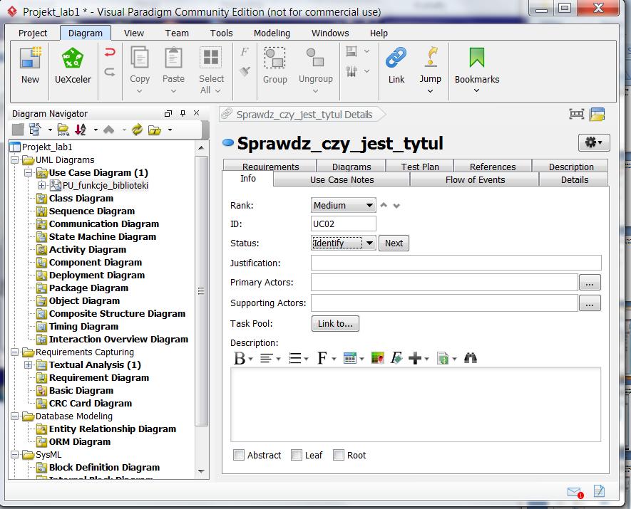 1.17. Wpisanie do podformularza Info w części Description scenariusza przypadku użycia PU Sprawdz_czy_jest_tytul 2. Dodatkowa pomoc ze strony Visual Paradigm: 2.1. Pomoc: Drawing use case diagrams.