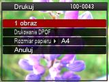 . Aby drukować 1. Włącz drukarkę i włóż papier. 2. Włącz aparat. Wyświetli się ekran menu drukowania. 3. Użyj [8] i [2], aby wybrać Rozmiar papieru, a następnie naciśnij [6]. 4.