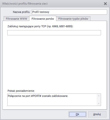 Jako administrator mamy również możliwość blokowania portów by bez zgody przełożonego nikt nie utworzył dysku FTP służącego do wymiany plików na swojej stacji roboczej lub nie używał