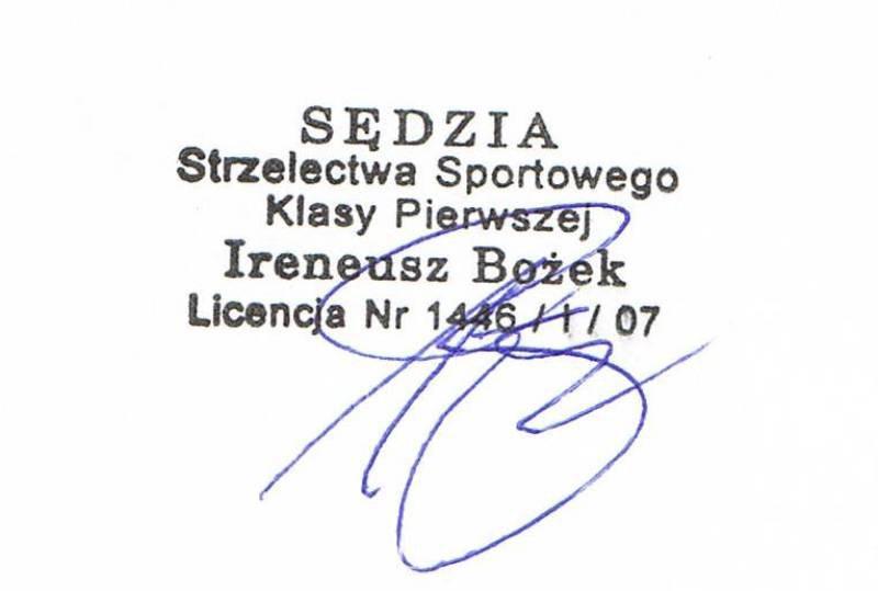 Skład sędziowski Sędzia Główny /Obserwator ŚZSS: Robert Wrona- sędzia kl.państw. 1311/P/07 Kierownik Zawodów: Paweł Ciurzyński- trener strzel.sport. Przewodniczący Komisji Klas.