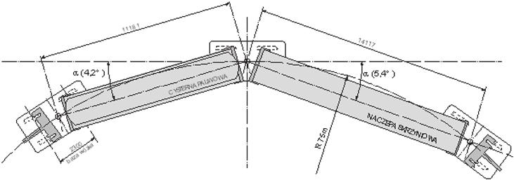 = = 75 m, przez nieckę toru o promieniu R min = 500 m, oraz przez rampę promową na łuku R = 120 m i kącie pochylenia 1 30'. Na rysunku 23 pokazano ustawienie najkrótszej naczepy (tj.