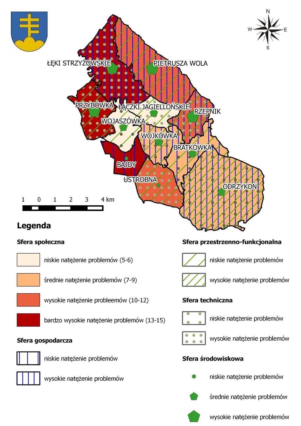 Mapa 13 Koncentracja negatywnych zjawisk we wszystkich sferach w poszczególnych jednostkach