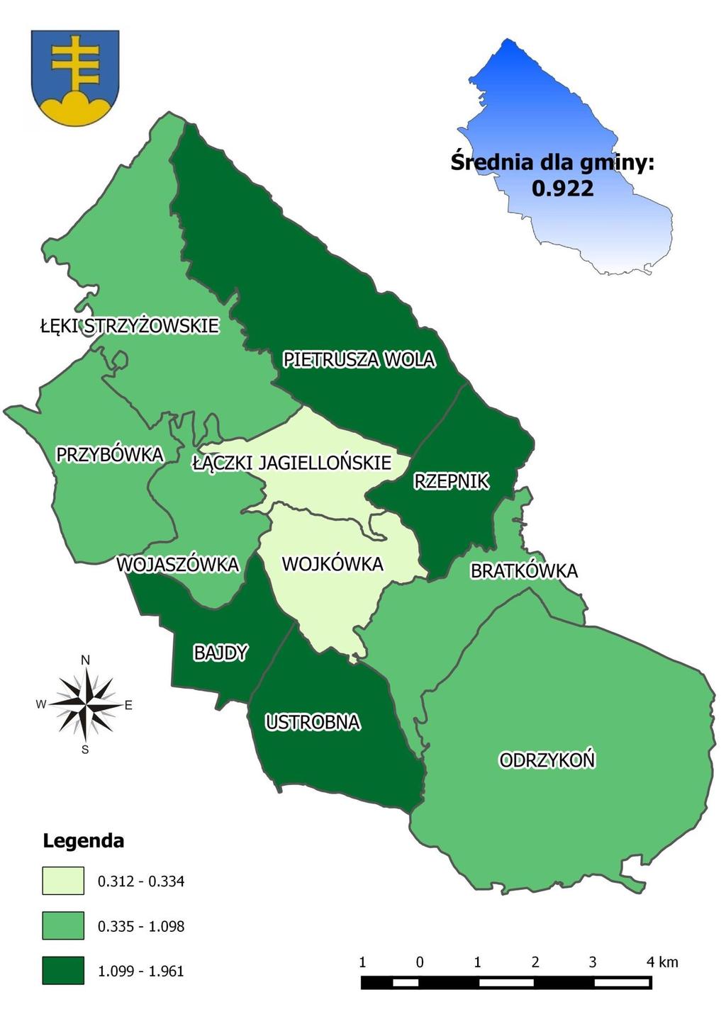 Mapa 19 Rozkład wartości wskaźnika korzystający ze świadczeń pomocy społecznej z tytułu bezrobocia w przeliczeniu na 100 osób