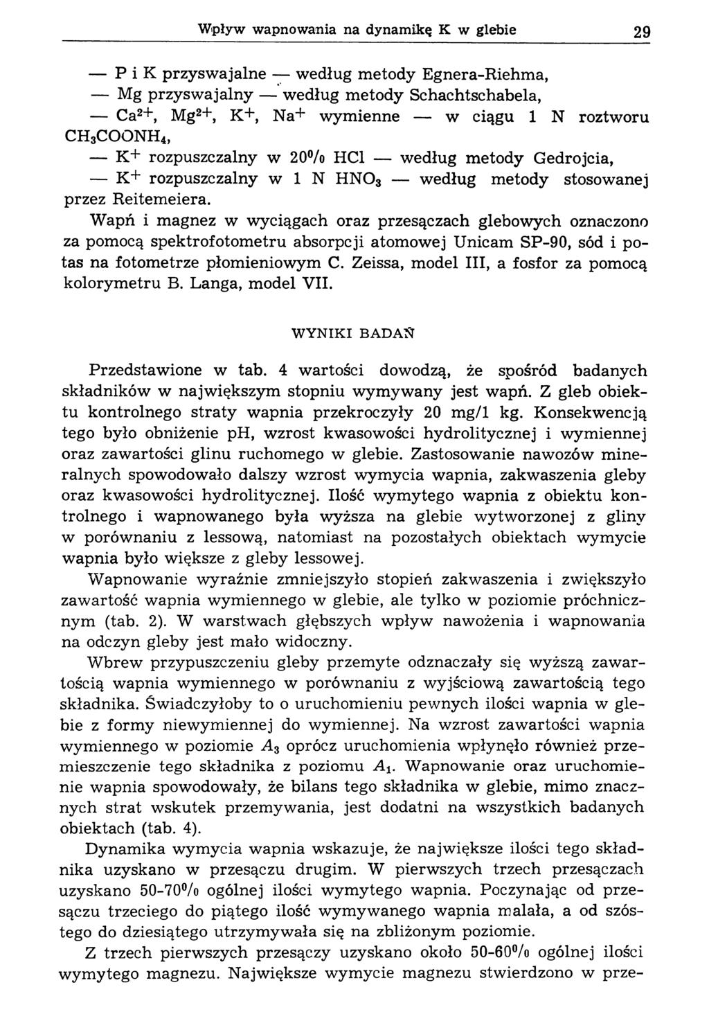 Wpływ wapnowania na dynamikę К w glebie 29 P i К przysw ajalne według metody Egnera-Riehma, Mg przysw ajalny według metody Schachtschabela, Ca2+, Mg2+, K+, Na+ wymienne w ciągu 1 N roztworu