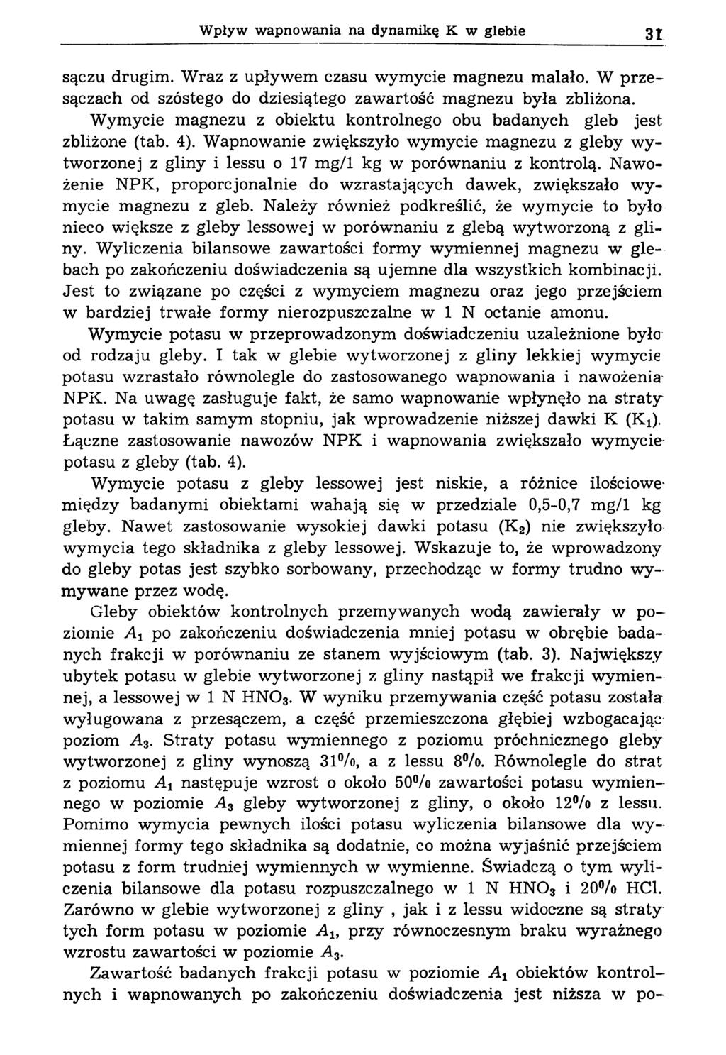 Wpływ wapnowania na dynamikę К w glebie 31 sączu drugim. Wraz z upływem czasu wymycie magnezu malało. W przesączach od szóstego do dziesiątego zawartość magnezu była zbliżona.