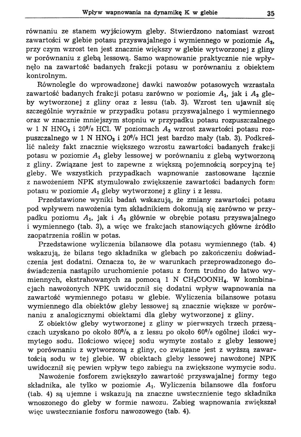 Wpływ wapnowania na dynamikę К w glebie 35 równaniu ze stanem wyjściowym gleby.