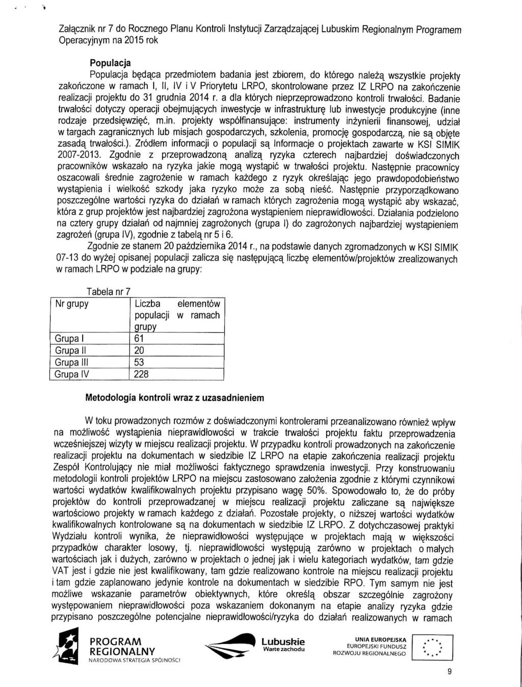 Zalacznik nr 7 do Rocznego Planu Kontroli Instytucji Zarzadzajacej Lubuskim Regionalnym Programem Operacyjnym na 0 rok Populacja Populacja b^daca przedmiotem badania jest zbiorem, do ktorego naleza^