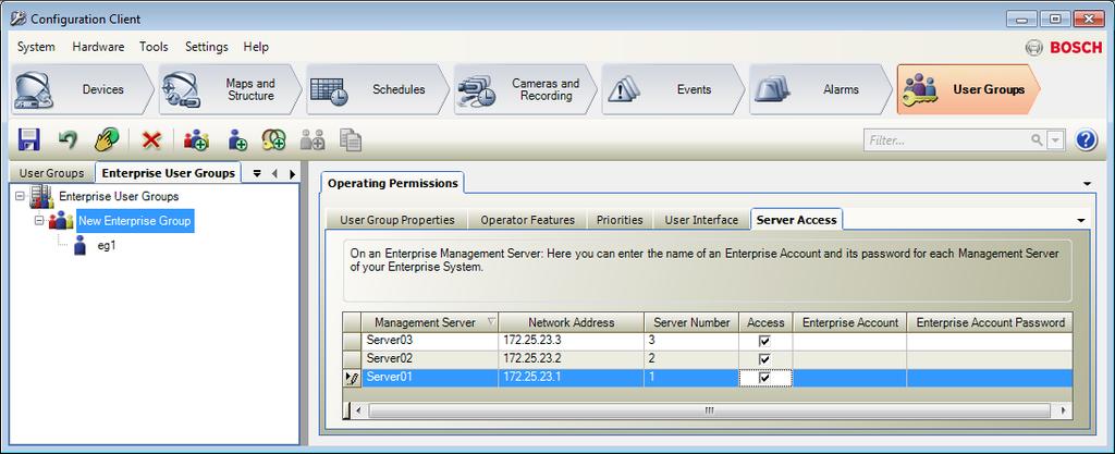 90 pl Przykładowe konfiguracje Bosch Video Management System Aby utworzyć grupę Enterprise User Group, należy: 1. Kliknąć kartę Enterprise User Groups. 2. Kliknąć ikonę.