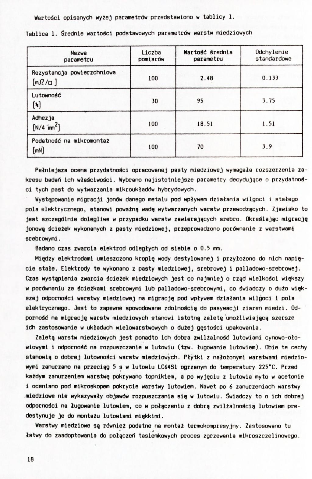 Wartości opisanych wyżej parametrów przedstawiono w tablicy 1. Tablica 1.