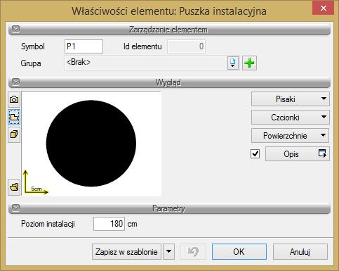 Rys. 29. Okno własności puszki instalacyjnej W pierwszej fazie definiowania puszki użytkownik zaczyna od cech wizualnych (pisaki, czcionki) oraz trasy rzeczywistej.