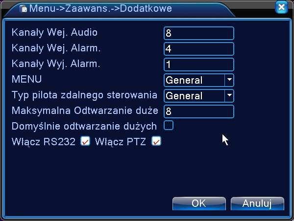 8 Dodatkowe Informacje o urządzeniu Wyświetla informację o urządzeniu jak: Ilość kanałów audio, ilość wejść/wyjść alarmowych i inne