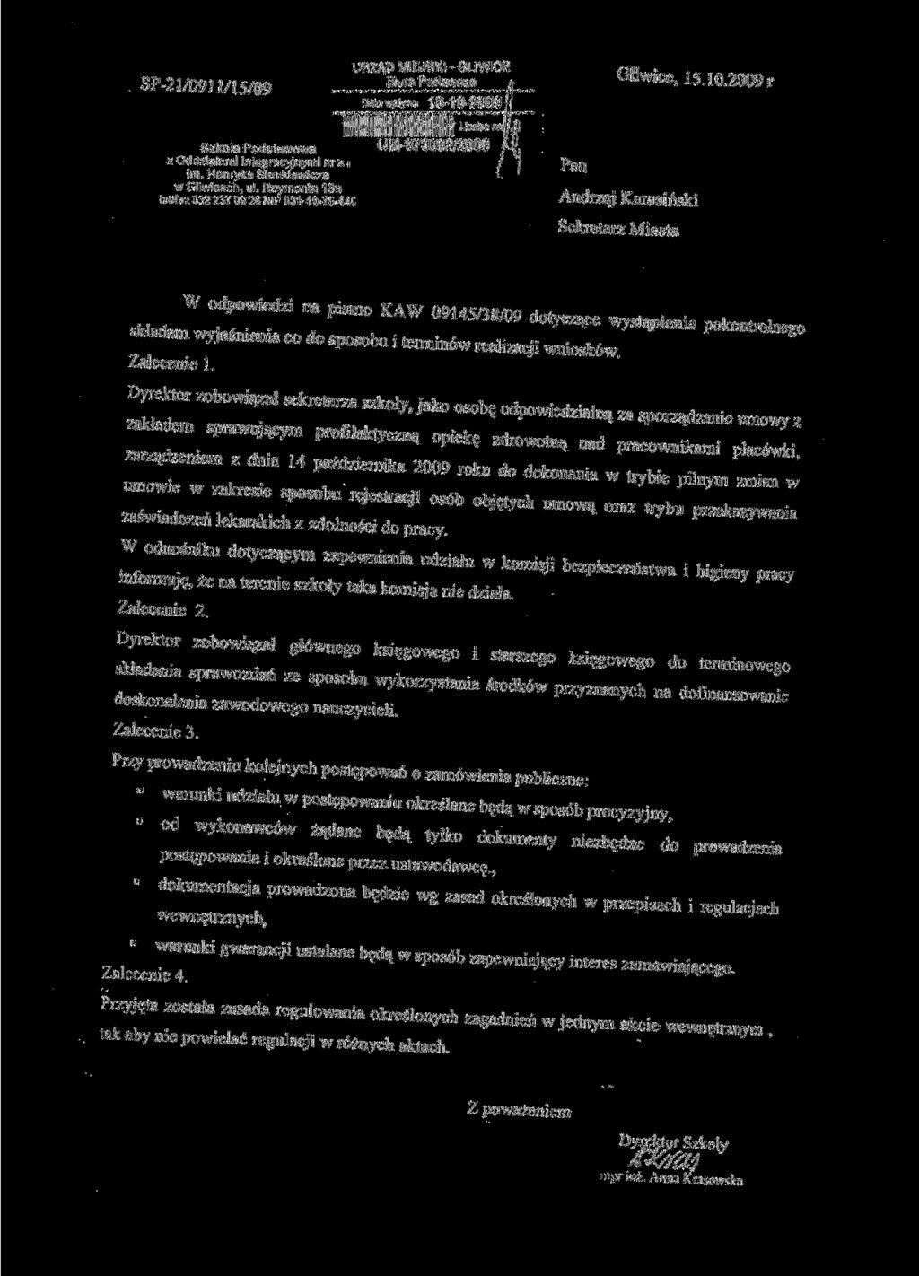 SP-21/091 1/15/09 Szkota Podstawowa z Oddziałami Integracyjnymi nr * i im.