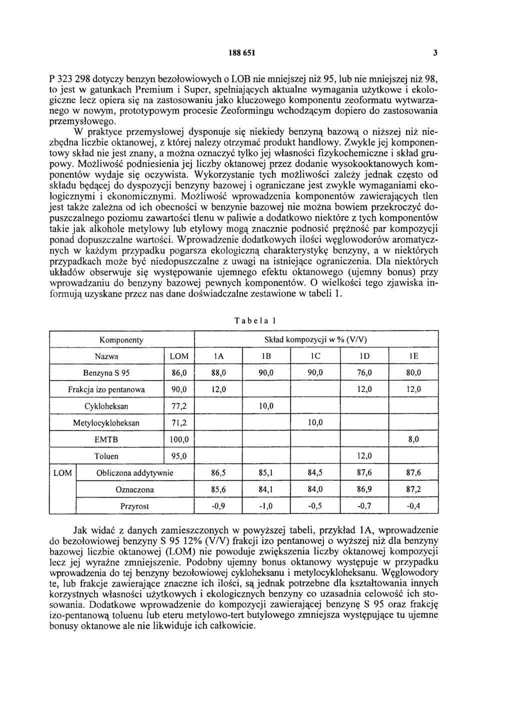 188 651 3 P 323 298 dotyczy benzyn bezołowiowych o LOB nie mniejszej niż 95, lub nie mniejszej niż 98, to jest w gatunkach Premium i Super, spełniających aktualne wymagania użytkowe i ekologiczne