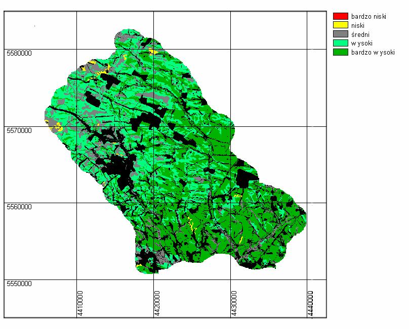 Rys. 5. Mapa wartości potencjału produktywności biotycznej. Biotic productivity potential map. Pod względem potencjału produktywności biotycznej analizowany obszar został oceniony bardzo wysoko.