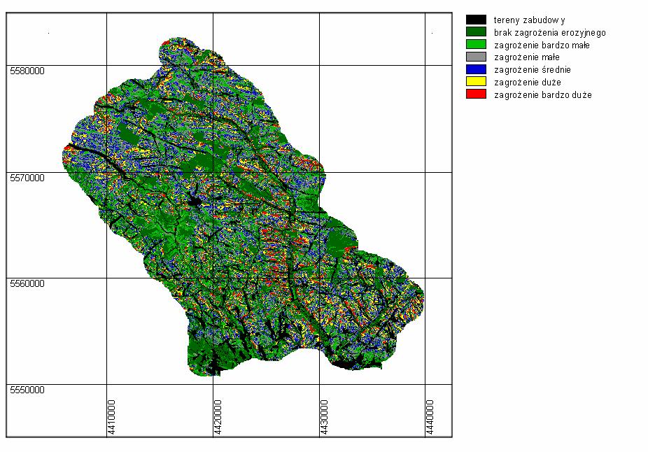 Rys. 6. Symulacja wpływu zmian sposobu uprawy na wielkość zagrożenia erozyjnego. Simulation of landuse practices changes impact on soil erosion risk resulting map.
