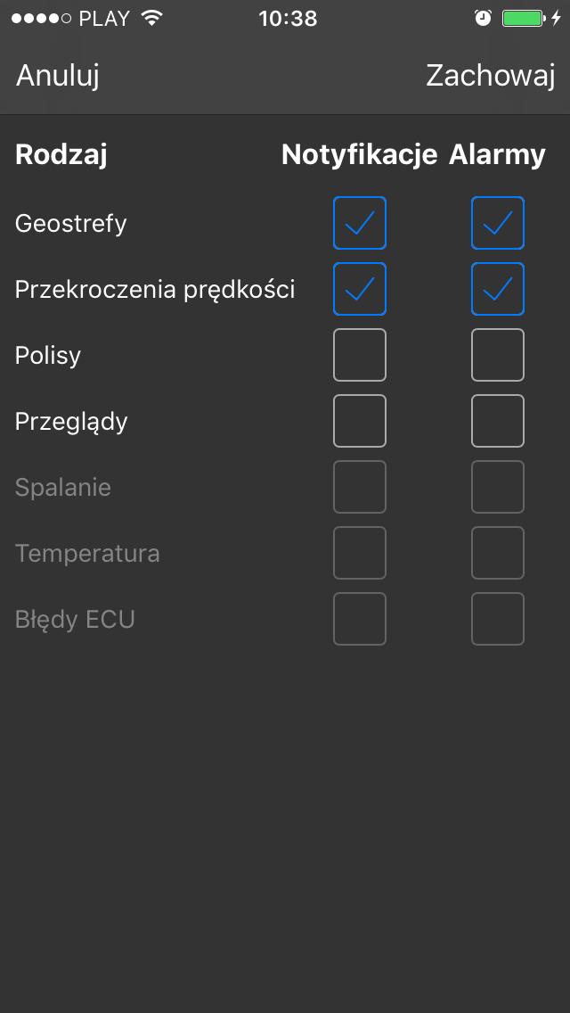 Wybór metody powiadamiania - ustawienia notyfikacji i alarmów. Alarmy wyświetlane są w aplikacji.