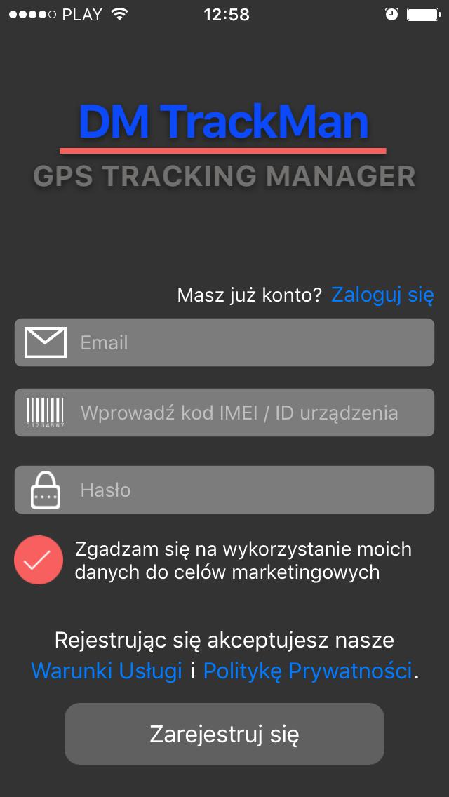 Rozpoczęcie pracy z aplikacją wymaga zalogowania przy użyciu adresu e-mail lub rejestracji jeśli jest to rozpoczęcie pracy z systemem DM TrackMan.