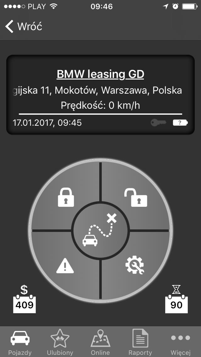 Aktualne dane o położeniu i ruchu pojazdu Wskażniki stanu zapłonu i baterii Dezaktywacja autouzbrajania czujnika wsrtrząsowego Dezaktywacja autouzbrajania czujnika wsrtrząsowego Ikonka alarów.