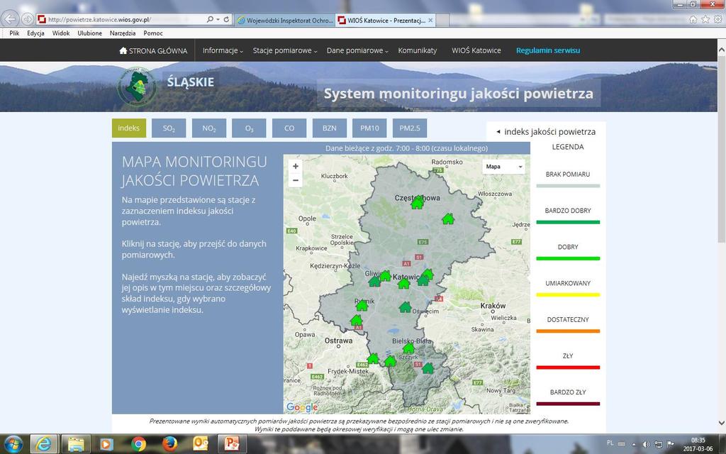 Aktualne wyniki pomiarów jakości powietrza ze stacji automatycznych, w postaci kolorystycznego indeksu,