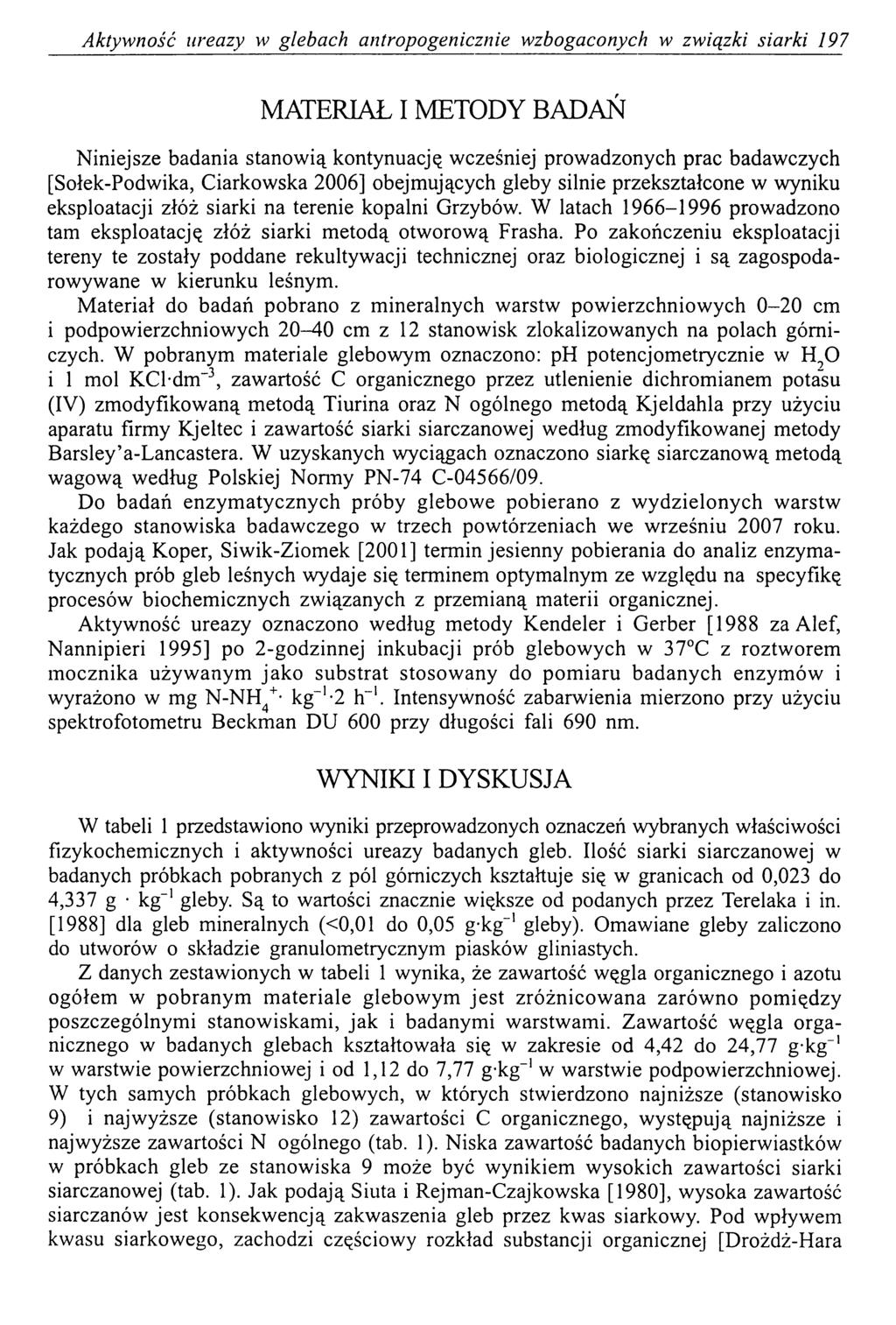 Aktywność ureazy w glebach antropogenicznie wzbogaconych w związki siarki 197 MATERIAŁ I METODY BADAŃ Niniejsze badania stanowią kontynuację wcześniej prowadzonych prac badawczych [Sołek-Podwika,