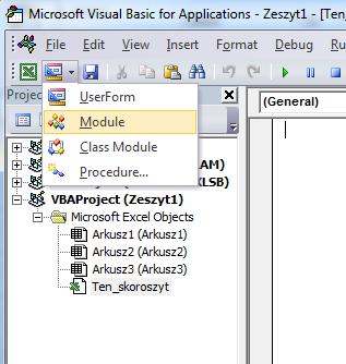 Po wybraniu tego polecenia w oknie Edytora Visual Basic pojawi się białe okno, a w oknie przeglądarki projektu zaznaczony będzie moduł standardowy o nazwie Module1 (Rysunek 1.4).