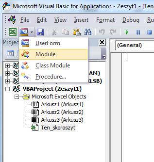 Po wybraniu tego polecenia w oknie Edytora Visual Basic pojawi się białe okno, a w oknie przeglądarki projektu zaznaczony będzie moduł standardowy o nazwie Module1 (Rysunek 1.4).