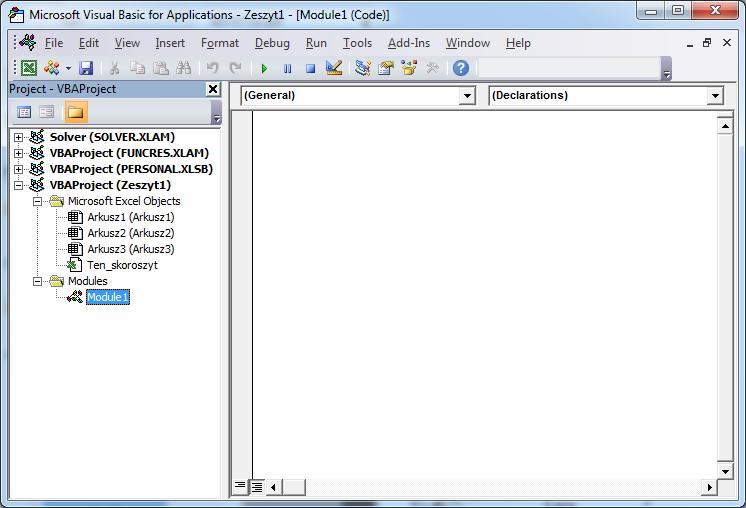 Rysunek 1.4. Okno Edytora Visual Basic po wstawieniu modułu standardowego Jeśli chcemy, aby nazwa zawierała kilka wyrazów, to stosujmy znak podkreślenia, np.