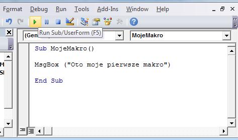 Napisaliśmy właśnie pierwsze makro i chcemy je uruchomić. W tej części powiemy o dwóch sposobach uruchamiania procedury. Pierwszy to uruchamianie z poziomu Edytora Visual Basic. W tym celu: 1.