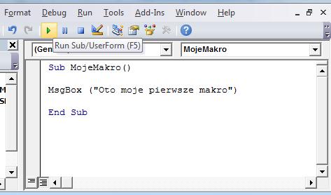 Napisaliśmy właśnie pierwsze makro i chcemy je uruchomić. W tej części powiemy o dwóch sposobach uruchamiania procedury. Pierwszy to uruchamianie z poziomu Edytora Visual Basic. W tym celu: 1.