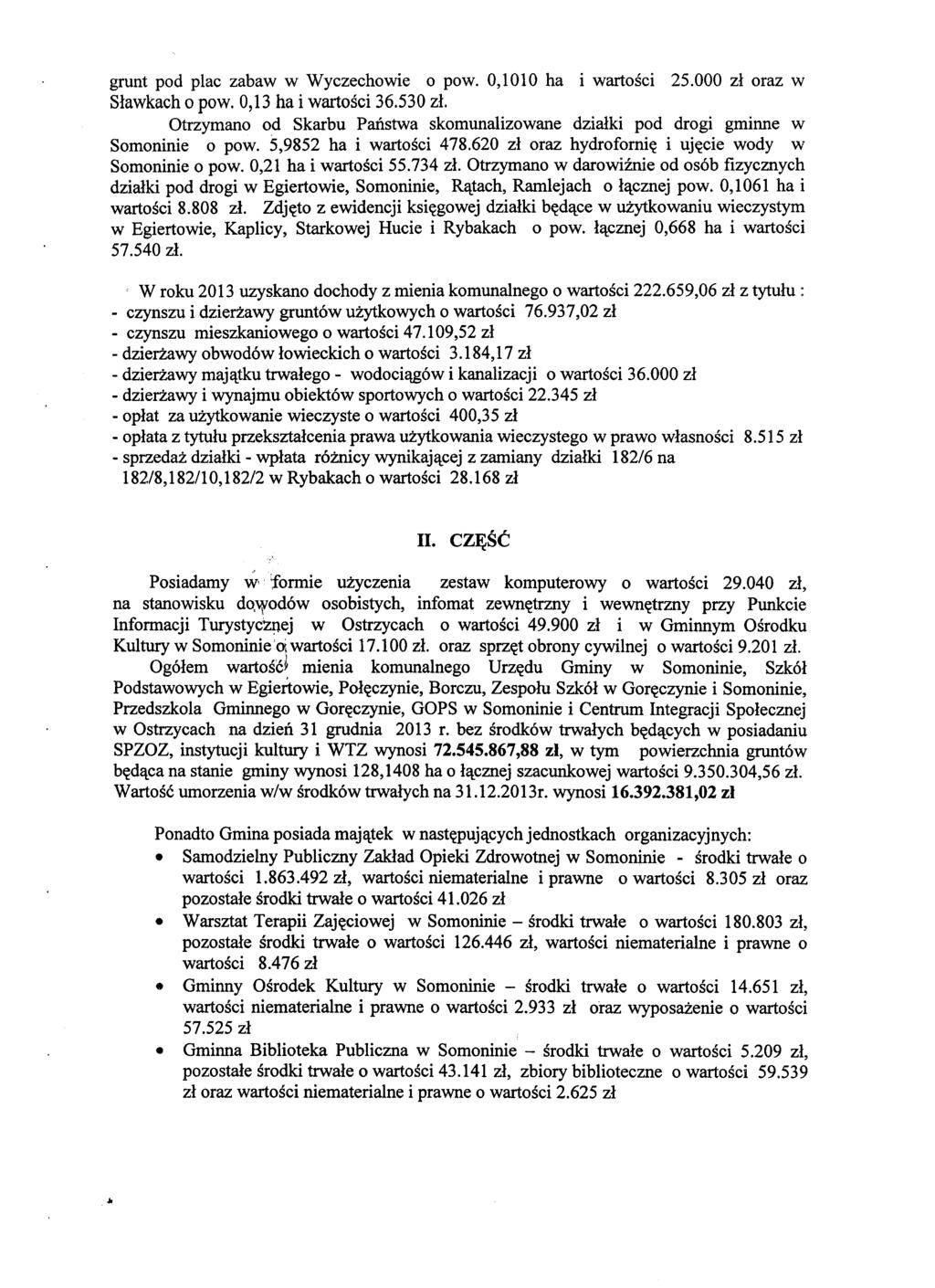 grunt pod plac zabaw w Wyczechowie o pow. 0,1010 ha i wartości 25.000 zł oraz w Sławkach o pow. 0,13 ha i wartości 36.530 zł.